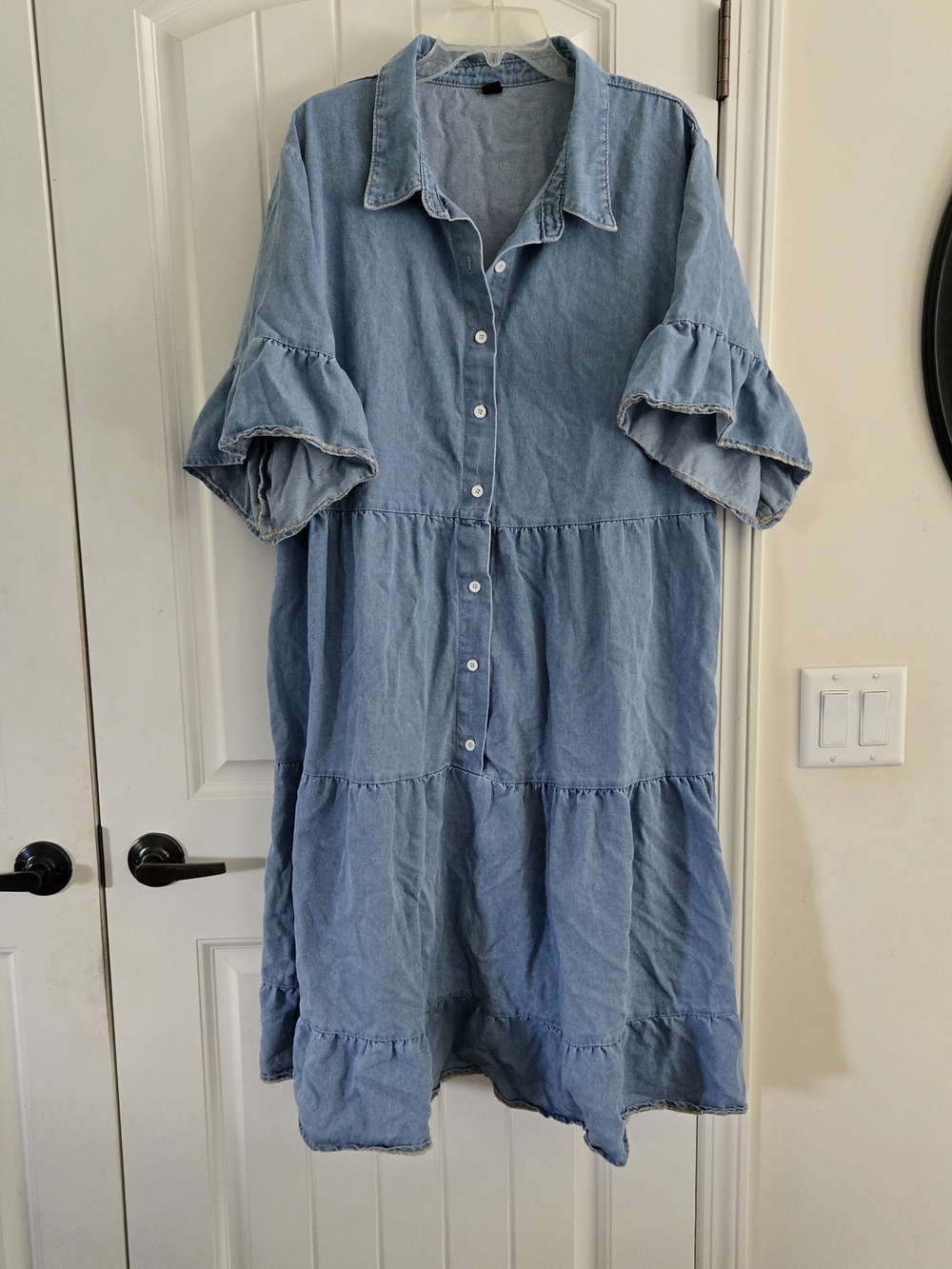 Chambray Denim Tiered Babydoll Shirt Dress Ruffle Sleeve Blue Midi 3x